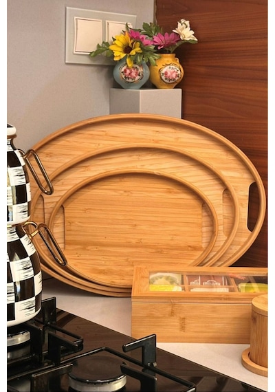 Makri Home Bambu Oval 3'lü Tepsi Seti. Küçük Tepsi: 20x29 Cm. Orta Tepsi: 26x36 Cm. Büyük Tepsi: 31x45 Cm Ahşap