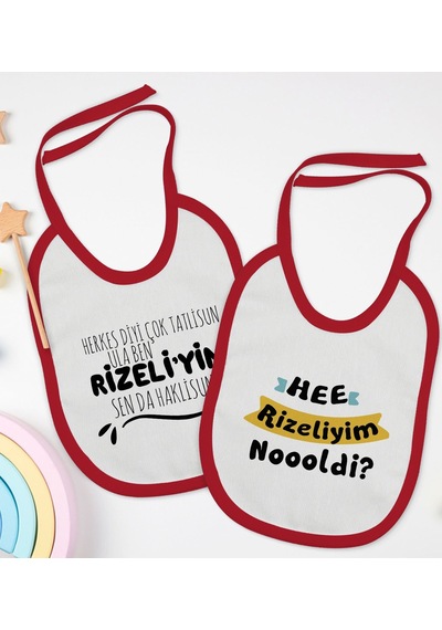 BK Kids Rizeliyim Tasarımlı 2’li Kırmızı Mama Önlüğü-1 Kırmızı