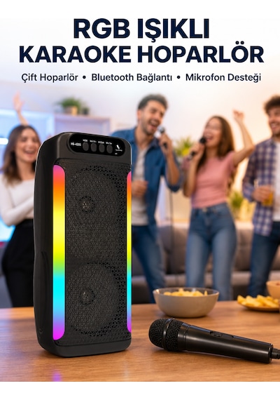 Rgb Işıklı Çift Hoparlörlü Taşınabilir Bluetooth Speaker Ve Mikrofon Yeni Nesil - Lisinya