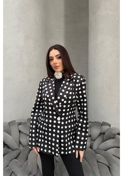Cemo Kadın Puantiyeli Tek Düğmeli Blazer Ceket Siyah