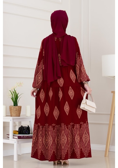 Sevitli Yarım Düğmeli Robalı Hira Elbise-bordo-4935
