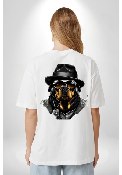Mafya Rottweiler Beyaz Oversize Unisex Ön Ve Sırt Baskılı Tişört Beyaz