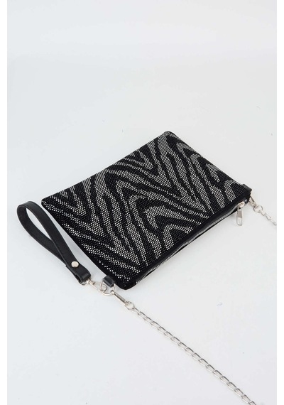 Vivaq Kadın Zikzak Gümüş Taşlı Süet Bilek Askılı Ve Zincir Askılı Portföy El Ve Clutch Çanta SİYAH