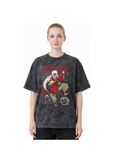 Tasarım Jiraiya Naruto Anime Baskılı Unisex Oversize Eskitme Yıka Siyah