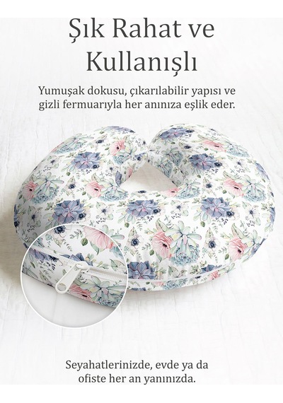 Çiçek Desenli Pamuklu Boyun Yastığı - Pastel Mavi Pembe Yumuşak Seyahat Yastığı Soluk Yosunlu Toz Mavi