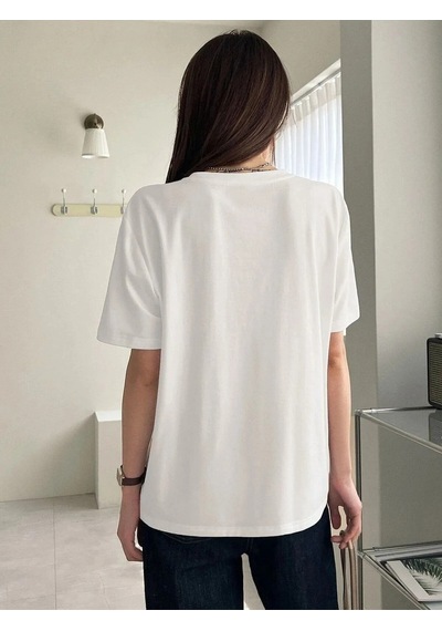 Çift Kalp Logo T-shirt - Beyaz Baskılı Oversize Bisiklet Yaka Kısa Kol Tişört Beyaz