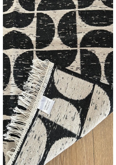 Siyah Modern Geometrik Desenli Kilim Makinede Yıkanabilir Renkli