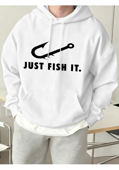 Startmore Tarzsokak Just Fish It Balık Kancası Desenli Baskılı Erkek Kapüşonlu Sweatshirt Moda Polar Sıcak Kazak Beyaz