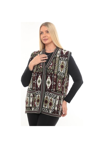 İksun Kadın Etnik Model Triko Örgü Kilim Cepli Kışlık Kalın Anne Yelek Çağla