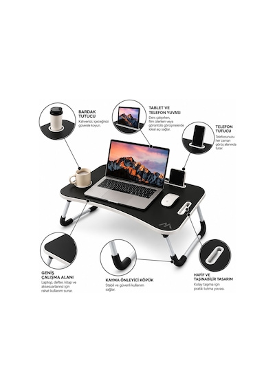 Muıtomas Katlanabilir Bardaklıklı Laptop Masası Siyah