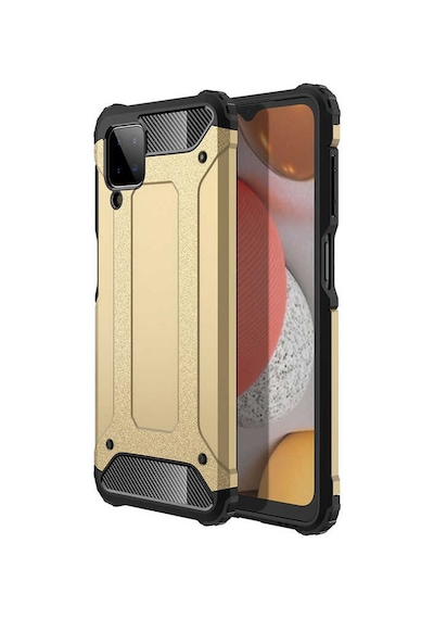 Ekılıf - Samsung Galaxy A12 Uyumlu Kılıf Çift Katman Zırh Tank Crash Military Kapak - Gold