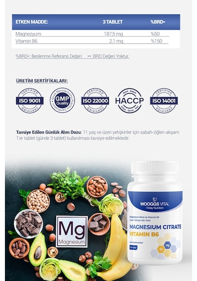 Magnezyum Sitrat Ve Vitamin B6 İçeren Takviye Edici Gıda 120 Tablet