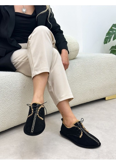 Erva'nın Butiği Siyah Hakiki Deri Sorry İçi Peluş Bağcıklı Kadın Ayakkabı-6395