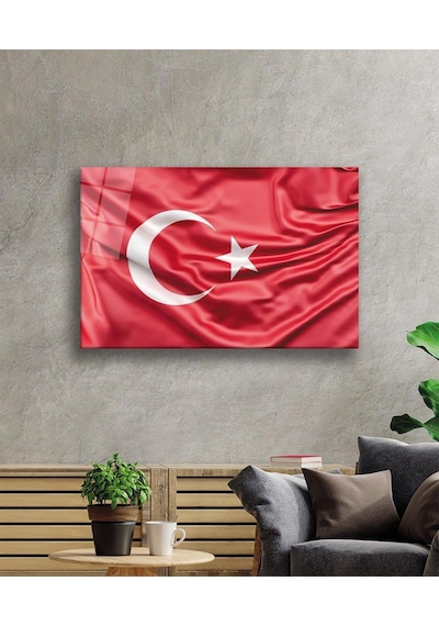 Kırmızı Dalgalı Türk Bayrağı Cam Tablo Red Wavy Turkish Flag Glass Painting