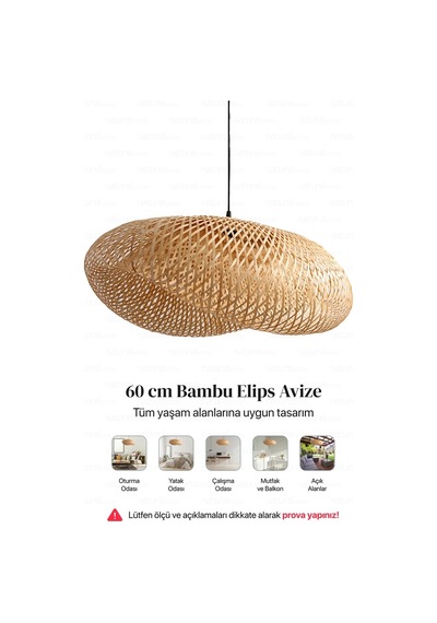 Bohem Bambu Elips Sarkıt Avize Lamba 60cm - Iskandinav, Modern, Bohem, Rattan Aydınlatma Bambu