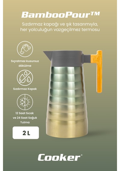 Cooker Bamboopour 2 Litre Paslanmaz Çelik Bambu Saplı Termos Ckr2097 Turkuaz