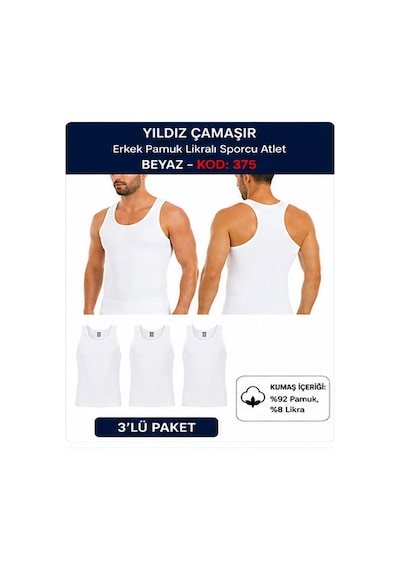 Yıldız Çamaşır Erkek Pamuk Likralı Sporcu Atlet 375-376-377 - 3adet Beyaz