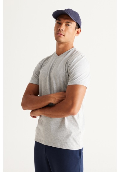 Ac&Co / Altınyıldız Classics Slim Fit Dar Kesim V Yaka Pamuklu Erkek Tişört Gri Melanj