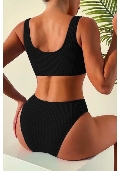 Angelsin Özel Fitilli Kumaş Tankini Bikini Üstü Siyah
