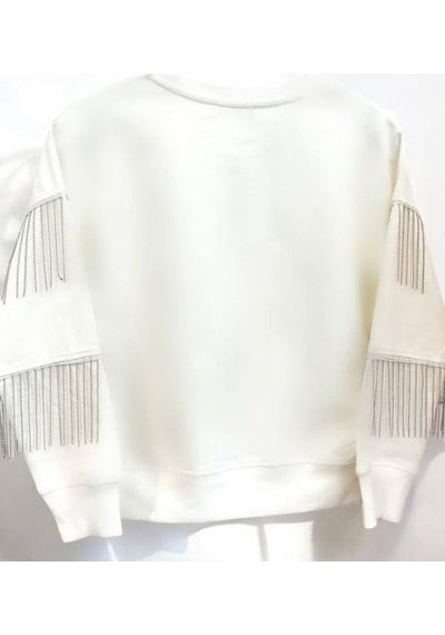 Kız Çocuk Yüzde Yüz Pamuklu İki İplik Zincir Detaylı Sweatshirt-14446 Ekru
