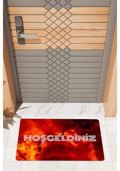 Rugmood Modern Dijtal Baskı Alevli Hoşgeldiniz Kapı Önü Paspası Kırmızı