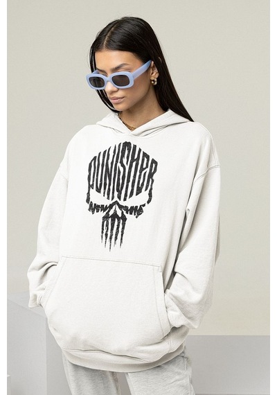 Sevbano Özel Tasarım Punisher Baskılı Unisex Oversize Marvel Hoodie Beyaz