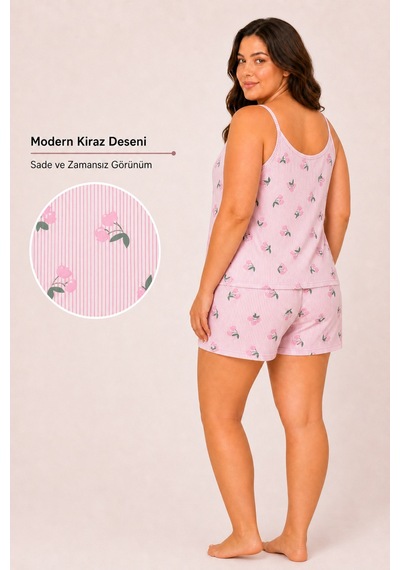 Bravie Kadın Büyük Beden İp Askılı Yakası Dantelli Pembe Kiraz Desenli Yazlık Pijama Takımı