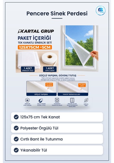 Sinek Perdesi Pencere Sineklik 125x75 Cm Tek Kanat Polyester Örgü