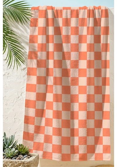 Damalı Kareli Turuncu Plaj Havlusu - Modern Retro Ekose Somon Bej Hızlı Kuruyan Mikrofiber Havlu Serin Lavanta