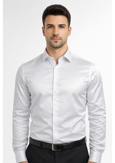 Classics Men Slim Fit Uzun Kollu Kolay Ütü Pamuk Saten Erkek Gömlek Beyaz