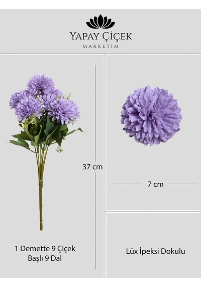 Mor Yapay Krizantem Çiçeği Demeti 9 Dallı Lüx İpeksi Dokulu 37 Cm