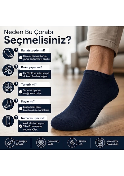 Elitse Erkek Patik Çorap 12 Li Renk Seçenekleri 39-44 Yüksek Pamuklu Dikişsiz Koku Karşıtı Siyah 12'li