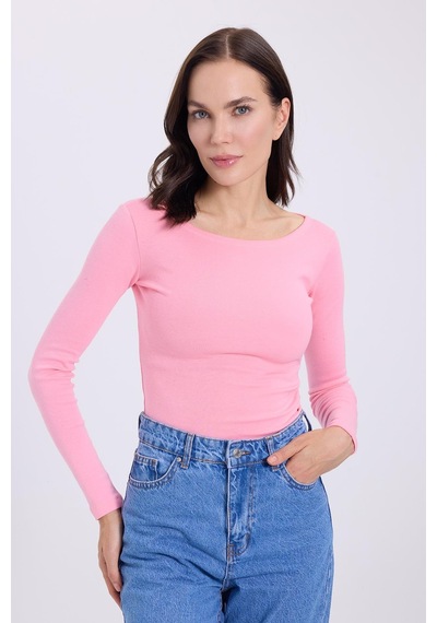 Tudors Kadın Slim Fit Dar Kesim Pamuklu Modal Kumaş Uzun Kollu Kayık Yaka Pembe Bluz-38883 Pembe
