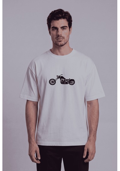 Black Nova Oversize Baskılı Unisex %100 Pamuk T-shirt Classic Chopper Beyaz