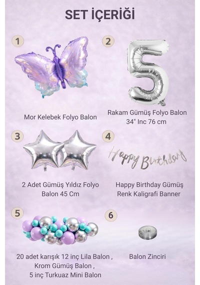 Lila Kelebek Temalı 5 Yaş Doğum Günü Balon Süsleme Seti Lila Gümüş Parti Dekorasyon Seti Gümüş - Mor