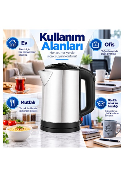 1.8 L Paslanmaz Çelik Elektrikli Su Isıtıcı Kettle 360 Döner Tabanlı Otomatik Kapanmalı Susuz Çalışma Korumalı
