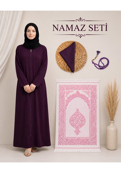 Bilenler Kadın Namaz Seti Fermuarlı Viskon Namaz Elbisesi Örtü İnci Tesbih Seccade M1001 Mor