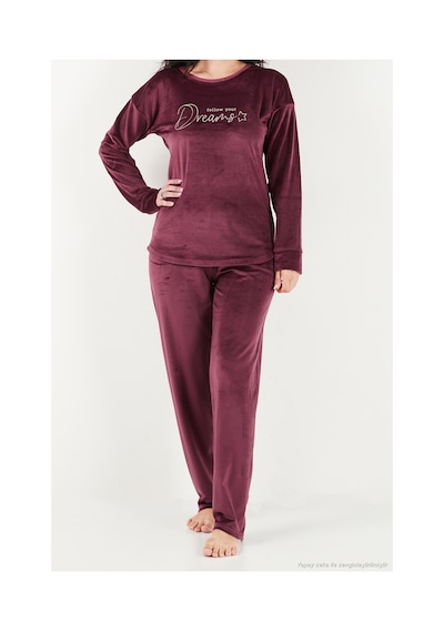 Lela Bisiklet Yaka Yumuşak Dokulu Parlak Kadife Pijama Takımı Kadın Pijama Takımı 6094209 Mürdüm MÜRDÜM