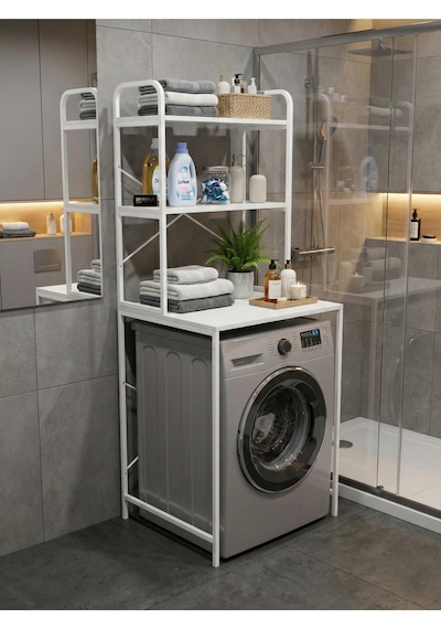 Çamaşır Makinesi Dolabı 2 Katlı Geniş Depolama Raf Ünitesi Metal Banyo Organizer Standı 260 Beyaz Çok Renkli