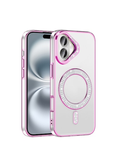 Apple Uyumlu iPhone 16 Kılıf Pırlanta Taş Tasarımlı M-safe Şarj Özellikli Karetta Silikon Kapak Rose Gold