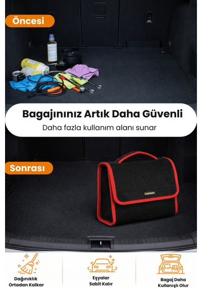 Oto Bagaj Organizer Bagaj Çantası M Boy Kaymaz Cırt Bantlı Velur Kompakt - Siyah Kırmızı