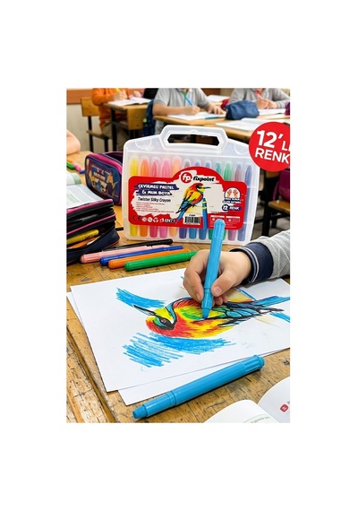 Çevirmeli Jel Mum Boya 12 Renk 1 Adet Fixpoint Plastik Çantalı 12 Li Mum Boya Kalemi Silinebilir Zararsız Yıkanabilir Çok Renkli