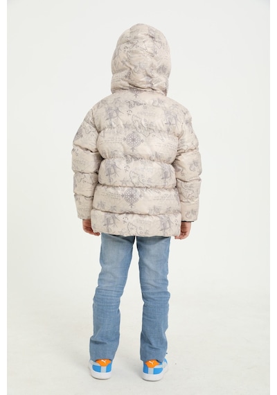First Steps Erkek Çocuk Bej Pusula Desen İçi Polar Su Ve Rüzgar Geçirmez Kapüşonlu Cepli Şişme Kışlık Mont Bej