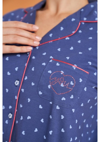 Pjs Kadın Anne-kız Kalpli Önden Düğmeli Gömlek Yaka Uzun Kollu Pijama Takım mavi