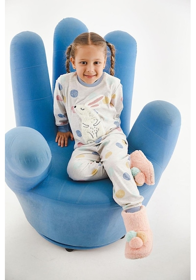 Kız Çocuk Pamuklu Uzun Kollu Tavşanlı Pijama Takımı-11393 Bej
