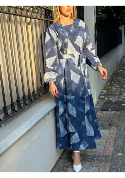 Etiler Collection Kadın Uzun Kollu Bisiklet Yaka Geometrik Desen Baskılı Kuşak Dahil Maxi Boy Elbise S Etiler Collection Kadın Uzun Kollu Bisiklet Yaka Geometrik Desen Baskılı Kuşak Dahil Maxi Boy Elbise S