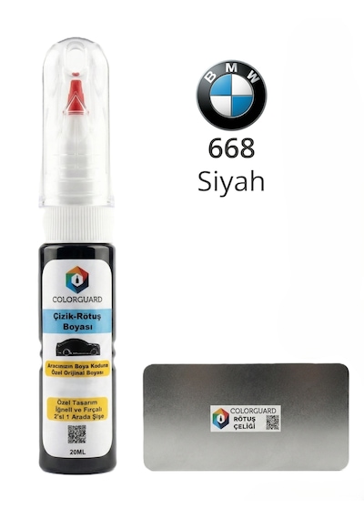 Bmw 668 Siyah İğneli Ve Fırçalı Özel Tasarım Şişe Rötuş Boyası Ve Profesyonel Rötuş Çeliği Seti