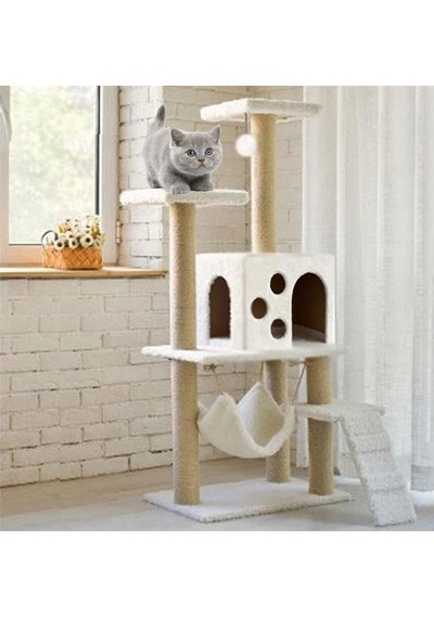 Tr Pet B-10 Hamaklı Yuvalı Lüx Kedi Tırmalama Oyun Evi Beyaz