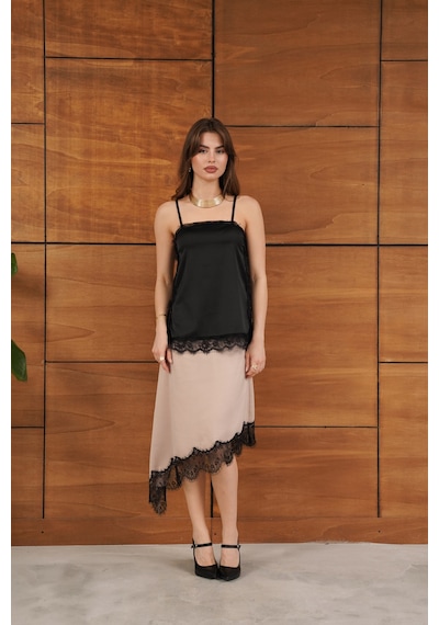 Verymoda Dantel Detaylı Askılı Saten Tunik - D2931 Siyah