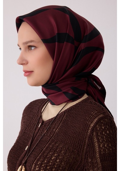 Belli Soyut Desen %100 Twill İpek Eşarp Be29 Koyu Bordo-siyah